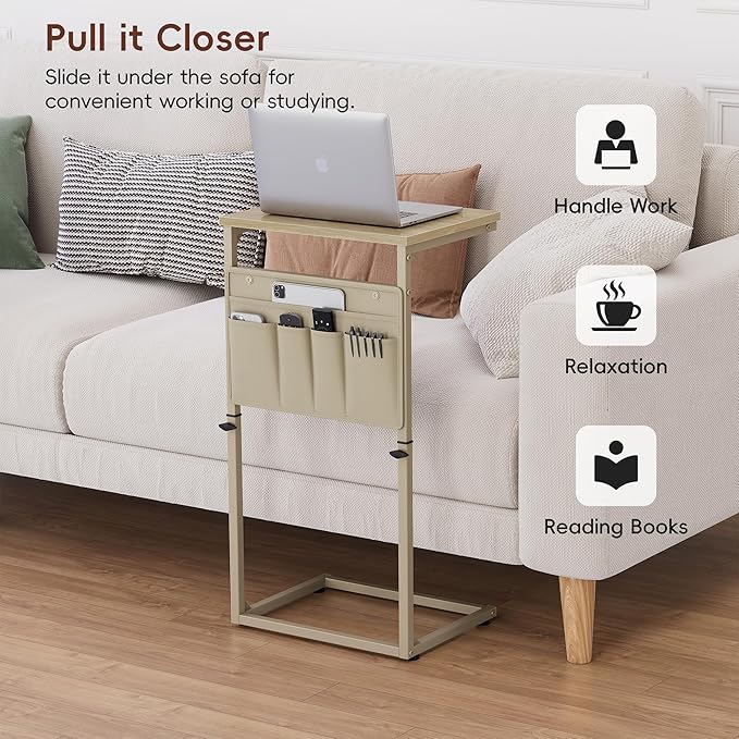 Vagusicc C Shaped End Table, 32'' Tall Side Table for Couch, Adjustable Height Small Couch Side Table for Small Spaces, End Table Slide Under Sofa Table TV Tray Table Arm Table for Living Room