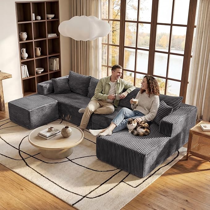 Modular Sectional Cloud Couch Boneless Convertible Sofa for Living 118" U-Shape Memory Foam Sectional Couches with Oversized Chaise | Right Facing Chaise, Sofa in a Box, Cloud Couch, Deep Seats, No Assembly Required