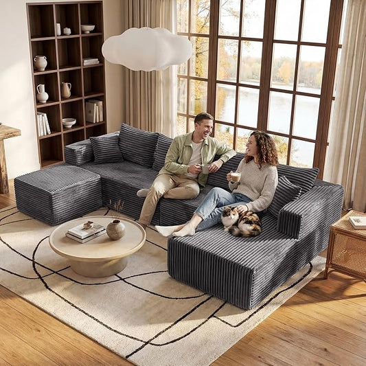 Modular Sectional Cloud Couch Boneless Convertible Sofa for Living 118" U-Shape Memory Foam Sectional Couches with Oversized Chaise | Right Facing Chaise, Sofa in a Box, Cloud Couch, Deep Seats, No Assembly Required