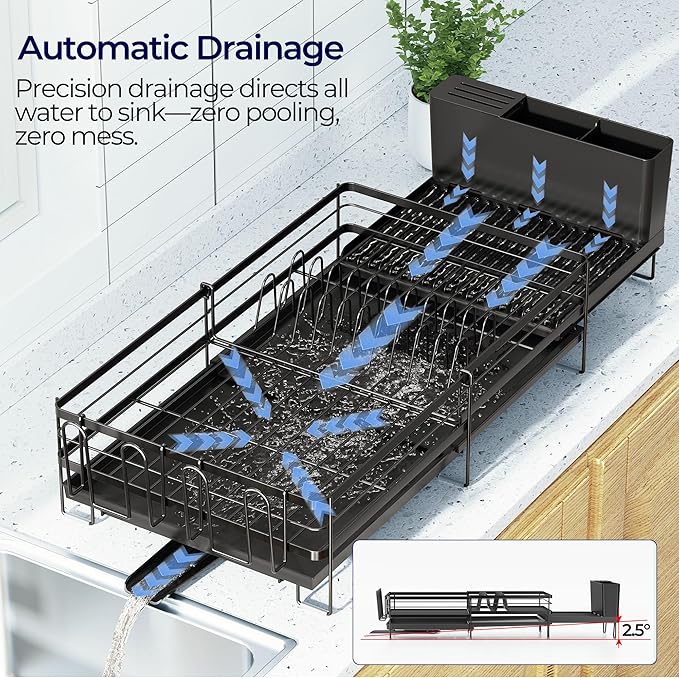 Large Dish Drying Rack, Expandable Dish Rack for Kitchen Counter, Dishrack with Drainboard Set, Multifunctional Dish Drainer with Utensil Holder & Cup Holder, Black