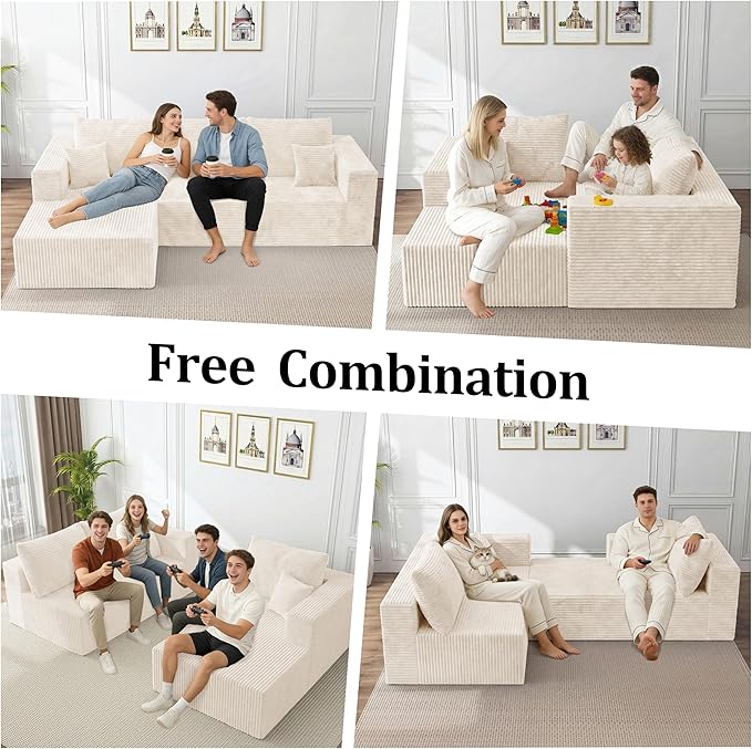 92.5" Sectional Sofa, Boneless Compressed Sofa in a Box, L-Shaped Cloud Couch with Deep Seats & Chaise for Living Room, No Assembly Required (Beige, 92.5" L-Shape with Left Facing Chiase) | Boneless Compressed, Sofa in a Box, Cloud Couch, Deep Seats, N...