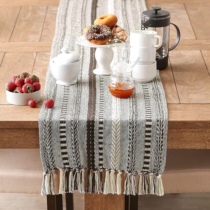 DII Farmhouse Braided Stripe Table Runner Collection, 15x108 (15x113, Fringe Included), Dark Brown