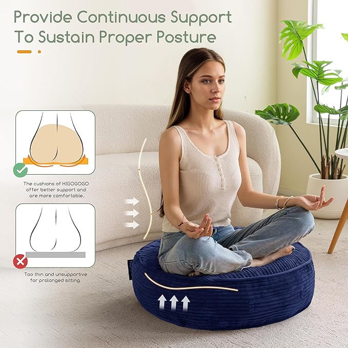 HIGOGOGO 6" Extra Thick Floor Pillow Cushion for Adults, Meditation Cushion Pillow, Large Round Floor Sitting, Tufted Corduroy Cover, for Tatami Living Room or Yoga, 22x22 Inch, Navy