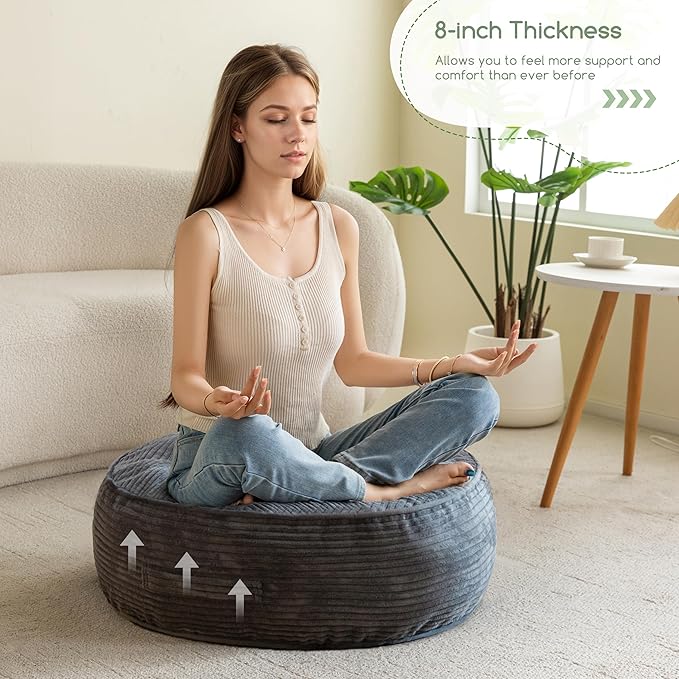HIGOGOGO 8" Extra Thick Floor Pillow Cushion for Adults, Meditation Cushion Pillow, Large Round Floor Sitting, Tufted Corduroy Cover, for Tatami Living Room or Yoga, 22x22 Inch, 2Pack, Dark Grey