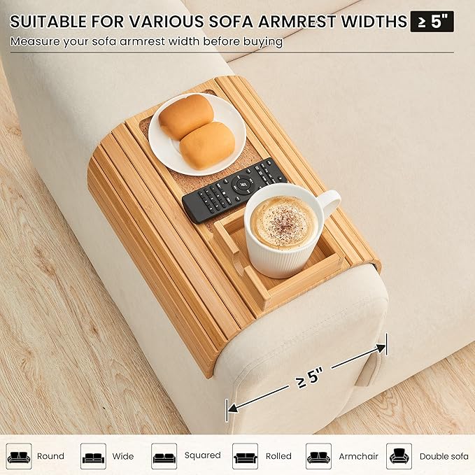 LOVYANXUE Bamboo Couch Cup Holder, Foldable Sofa Arm Tray, Anti-Slip Couch Aremrest Tray Table for Drink, Cup, Remote, Snacks, Cellphone, Portable, Bamboo/Cork Color