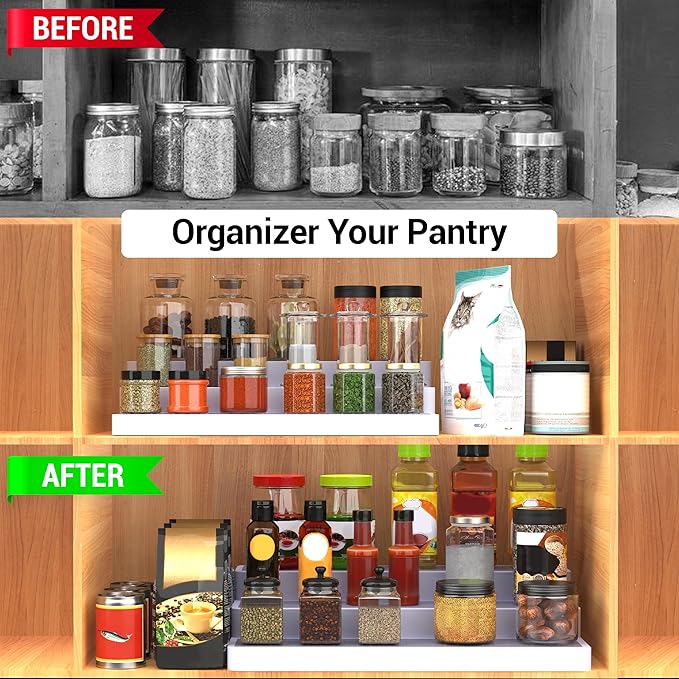 YAN & HIN 3 Tier Spice Rack Organizer for Cabinet, Non-Slip Spice Organizer Shelf for Kitchen Countertop & Pantry, Holds 24+ Jars, Plastic Seasoning Organizer (3 Pack)
