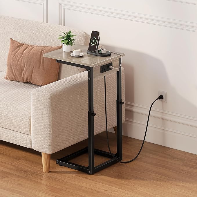 Vagusicc C Shaped End Table with Charging Station, Adjustable Height Side Table for Couch, C Table End Table Couch Table That Slide Under, Sofa Table TV Tray Arm Tables for Living Room, Bedroom, Gray