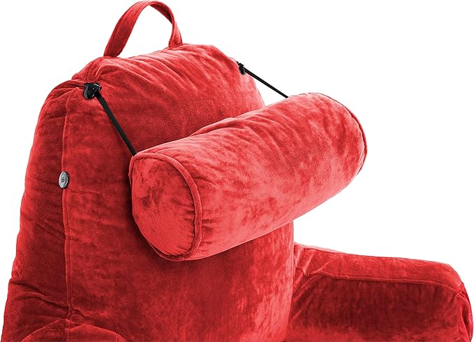 Husband Pillow Medium Reading Pillow with Arms - 23" Backrest for Sitting Up in Bed - Firm Support Bed Rest Pillow for Adults, Neck Roll, Removable Cover - TV, Reading, Lounging - Red