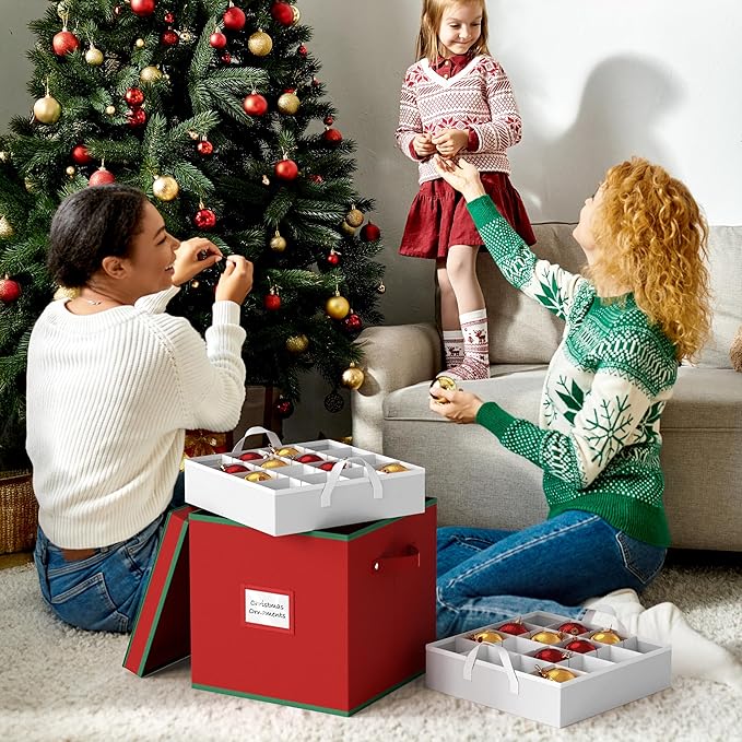 Simple Houseware Heavy-Duty Christmas Ornament Storage Box with Adjustable Dividers, Stores up to 64 Ornaments, Reinforced Base, Red