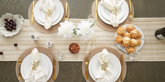 DII Farmhouse Braided Stripe Table Runner Collection, 15x108 (15x113, Fringe Included), Vintage Linen