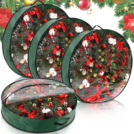 Aliceset 4 Pack Wreath Storage Containers, Ornament Garland Wreath Storage Bags with Handle Zipper Decorative Storages Box for Winter Valentine Wreaths(36 x 36 x 7.8 Inch,Green)