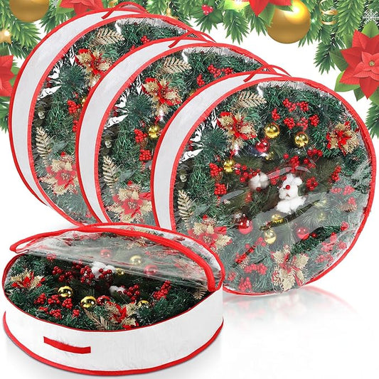 Aliceset 4 Pack Wreath Storage Containers, Ornament Garland Wreath Storage Bags with Handle Zipper Decorative Storages Box for Winter Valentine Wreaths(36 x 36 x 7.8 Inch,White)