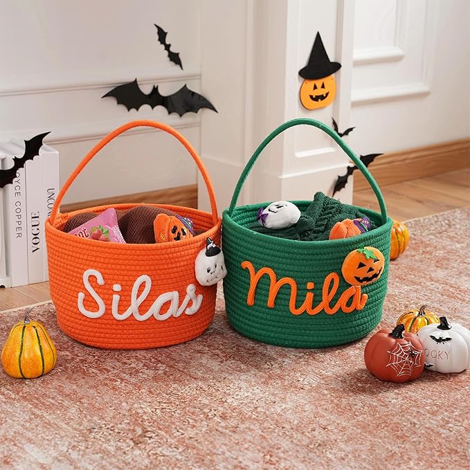 JUPPE Personalized Halloween Trick or Treat Basket, Custom Cotton Rope Candy Storage, Multi-Color, Medium 10x8 inches (Style 9)