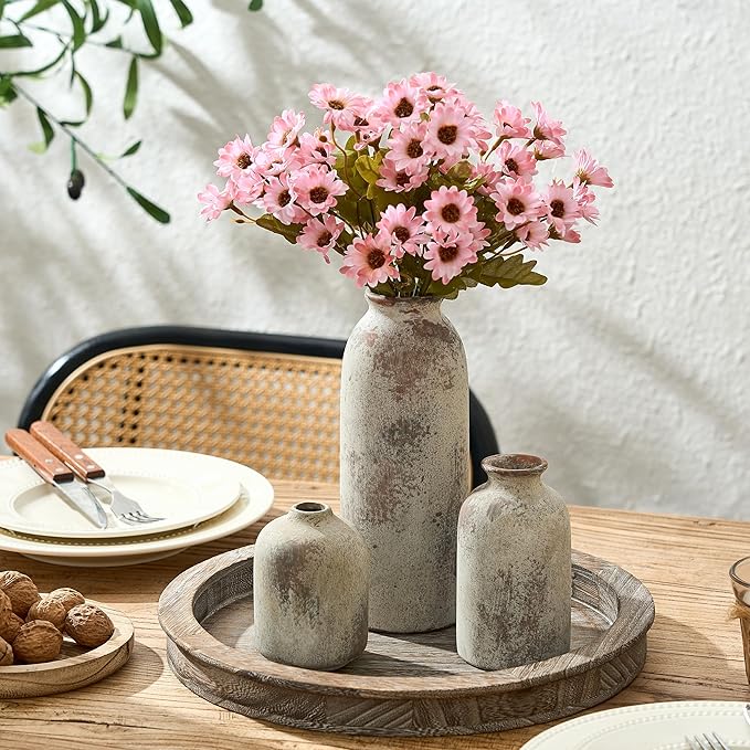 Ceramic Vase Set of 3, Decorative Terracotta Farmhouse Rustic Vases for Living Room Kitchen Bedroom Bathroom Entryway Mantel Table, Pottery Home Decor for Bouquet Pampas Grass Dried Fresh Flowers