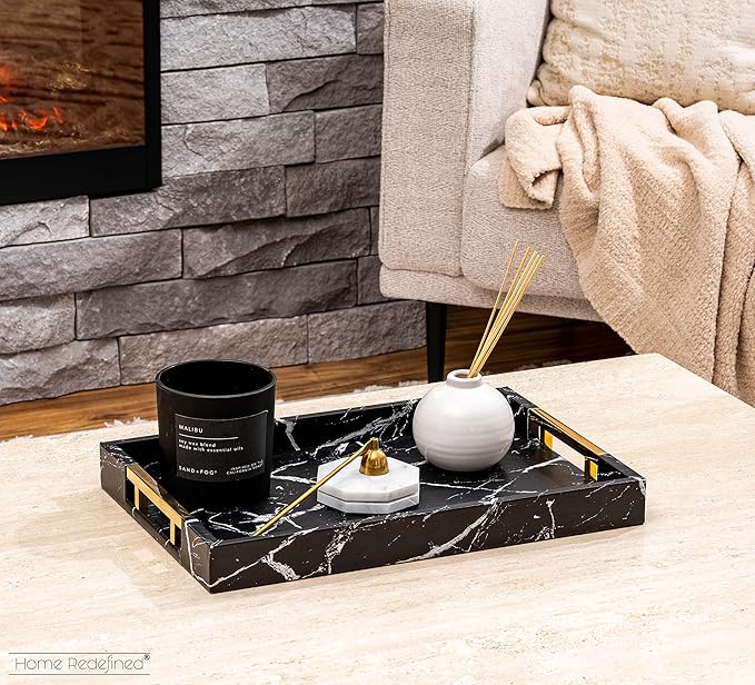 Home Redefined Modern Elegant 17.5"x12" Rectangle Black Marble Faux Leather Decorative Tray Ottoman Coffee Table Perfume Living Room Kitchen Serving Tray with Gold Polished Handles for All Occasion's
