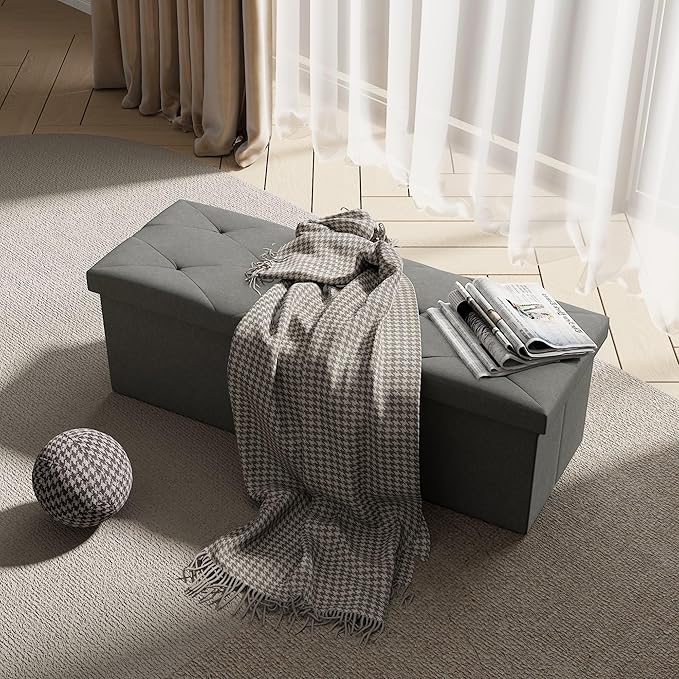 VECELO 43'' Folding Storage Ottoman Bench, Storage Chest, Linen Fabric Foot Rest Stool, 158L Storage Footstools for Bedroom and Living Room, Holds up to 660 lbs, DGRY