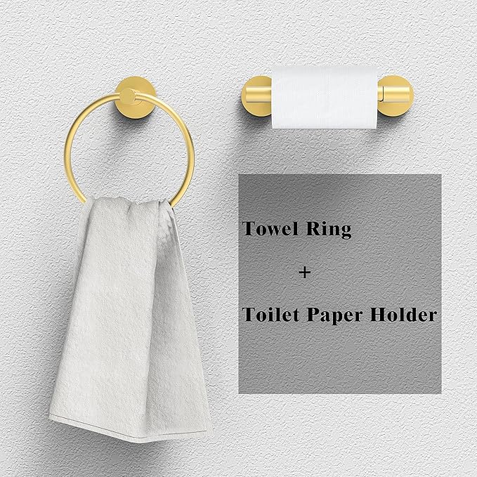 RARXTR Gold Toilet Paper Holder & Towel Ring SUS304 Stainless Steel 2pc Bathroom Hardware Set with Double Post Pivoting Toilet Paper Roll Holder Wall Mount & Bathroom Towel Holder Set