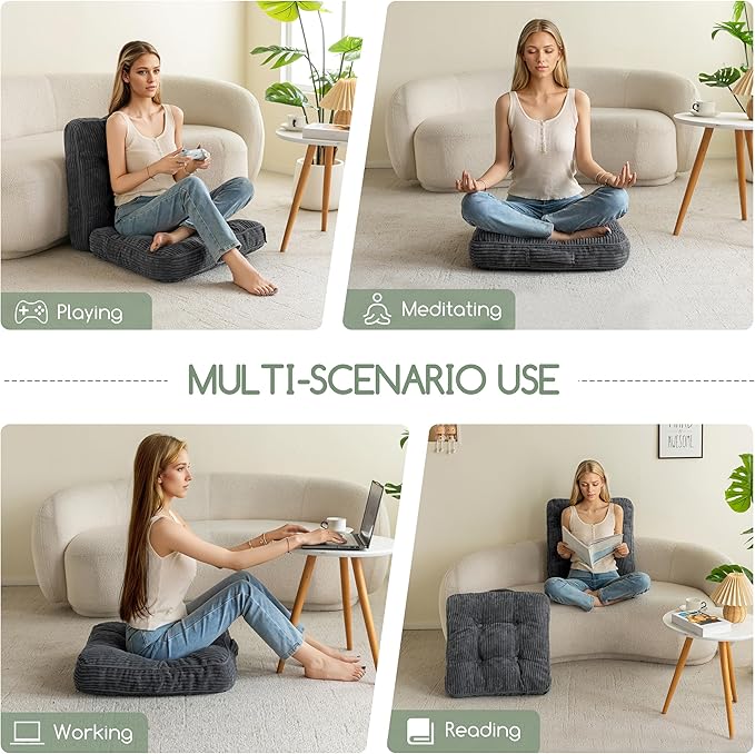 HIGOGOGO Floor Pillow Cushion for Adults, Meditation Cushion Pillow, Large Square Floor Sitting, Tufted Corduroy Cover, for Tatami Living Room or Yoga, 22x22 Inch, 2Pack, Dark Grey
