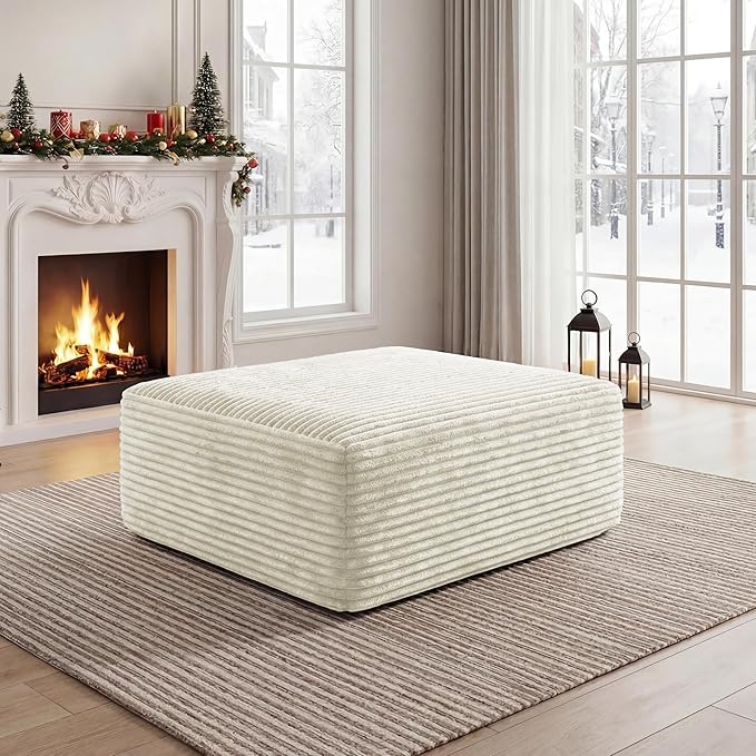Corduroy Ottoman, Modern Boneless Cloud Foot Rest Foam Support, Oversized Modular Sectional Sofa Stool for Living Room, Bedroom & Small Spaces, No Assembly Required(Beige, Ottoman) | Foam Support, Living Room Bedroom, No Assembly Required