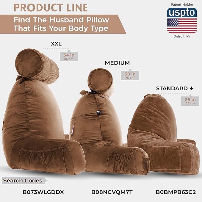 Husband Pillow Medium Reading Pillow with Arms - 23" Backrest for Sitting Up in Bed - Firm Support Bed Rest Pillow for Adults, Neck Roll, Removable Cover - TV, Reading, Lounging - Chocolate