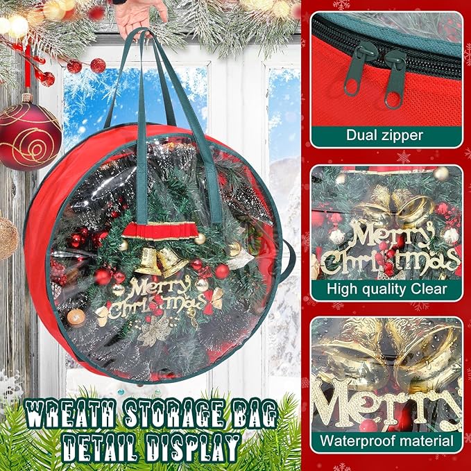 Shappy 8 Pcs Red Wreath Storage Bag Clear Wreath Box Storage Containers with Clear Window and Handle Garland Containers for Holiday Seasonal Bags