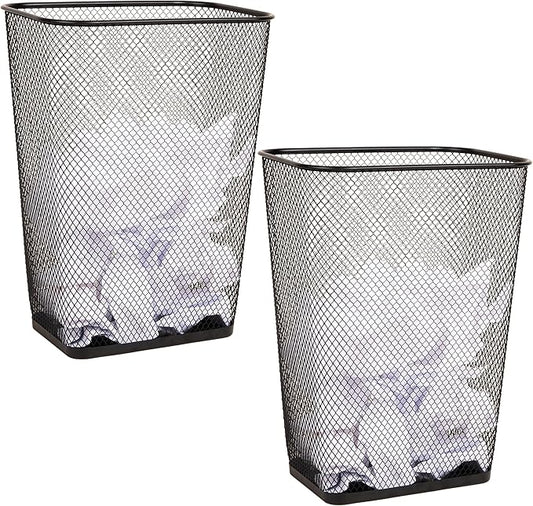 Mind Reader 10 Gallon Executive Waste Paper Bins, Solid Bottom, Non Slip Pads, Office and Home, Metal Mesh, Set of 2, Black