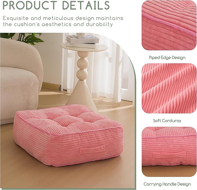 HIGOGOGO 8" Extra Thick Floor Pillow Cushion for Adults, Meditation Cushion Pillow, Large Square Floor Sitting, Tufted Corduroy Cover, for Tatami Living Room or Yoga, 22x22 Inch, Pink
