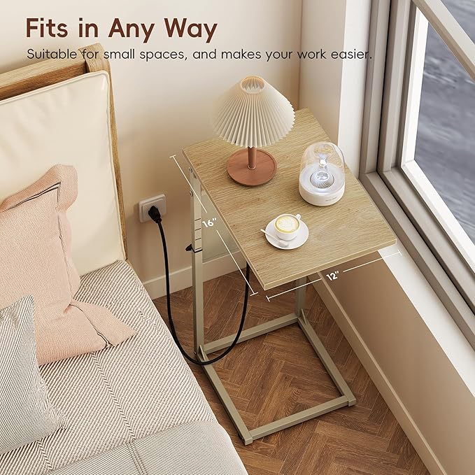 Vagusicc C Shaped End Table with Charging Station, Adjustable Height C Table End Table, Small Side Table for Couch, Couch Table Slide Under Sofa Table TV Tray Arm Table for Living Room,Bedroom,Natural