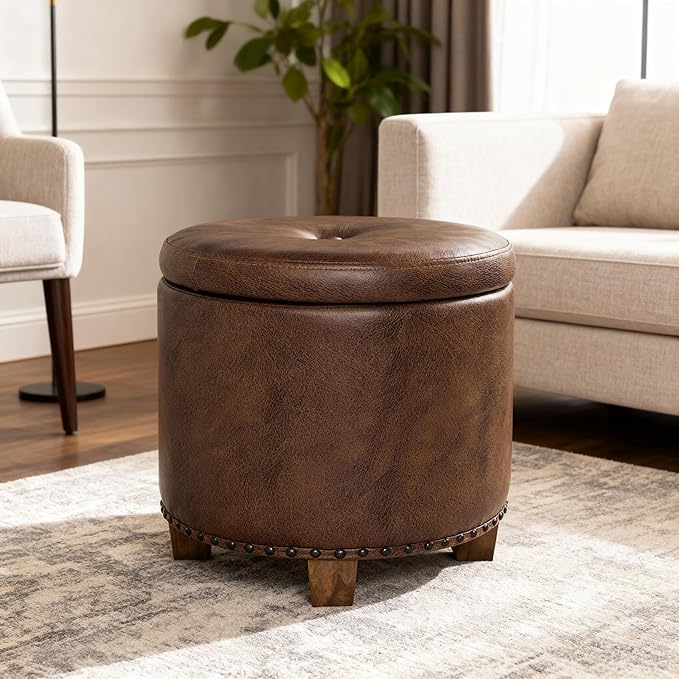 Homepop Home Decor | Upholstered Round Storage Ottoman with Nailheads| Ottoman with Storage for Living Room & Bedroom, Brown Faux Leather