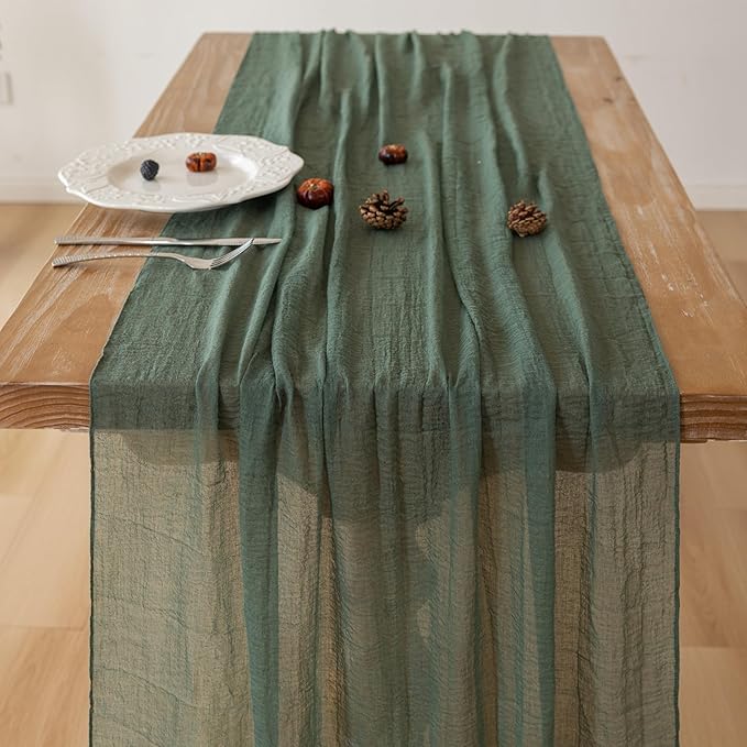 Keketoarrange Forest Green St. Patrick's Day Table Runner Gauze Rustic Cheesecloth 120 Inch 10 FT for Wedding Baby Shower Bridal Shower Birthday Party Sheer Boho Spring Easter Home Decorations