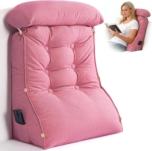 23" H Bed Wedge Reading Pillow with Adjustable Headrest, Reading Pillow for Sitting in Bed Couch Adult Backrest Pillow for Neck Back Lumbar Support with Removable Washable Cover Magenta
