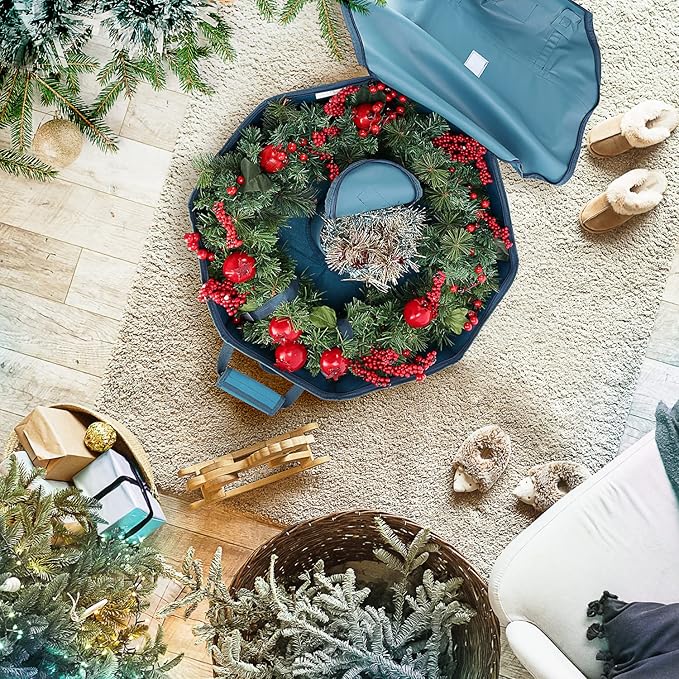 Hearth & Harbor Container-Hard Shell Christmas Bag with Interior Pockets, Dual Zipper and Handles-Premium Wreath Storage Organizer Box, 36", Blue