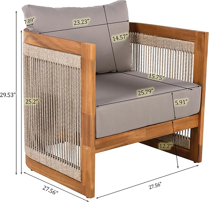 Christopher Knight Home Nesbit 4 Pieces Conversation Set, Acacia Wood Chat Set, Woven Rope Loveseat and Accent Chairs, Slat Panel Coffee Table, Patio Furniture Set for Backyard Balcony Garden, Gray