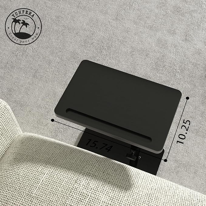 YUHFERA 360 Rotatable Sofa Tray Table for Couch Arm - Height Adjustable End Table for Bed or Chair with Phone & Tablet Slots, TV Tray Table, Side Table Tray for Small Spaces (Black, Rectangle)