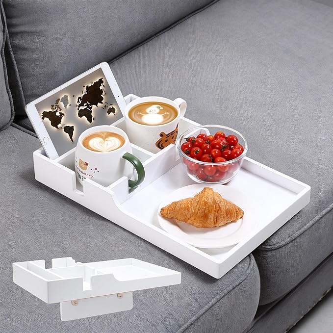 Nnewvante Sofa Tray Between Cushion, 2-in-1 Insert & Flat Sofa Organizer Bamboo with 2 Cup Holders,Fits Middle Couch or Ottomans,for Snacks, Drinks, Remotes,15.35x9.84-inch,White