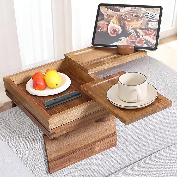 Acacia Wood Sofa Arm Tray, Adjustable Couch Armrest Table with 2 Rotatable Trays & a Storage Box | 360° Rotating Phone Holder for Drinks, Cups, Snacks, and Remote