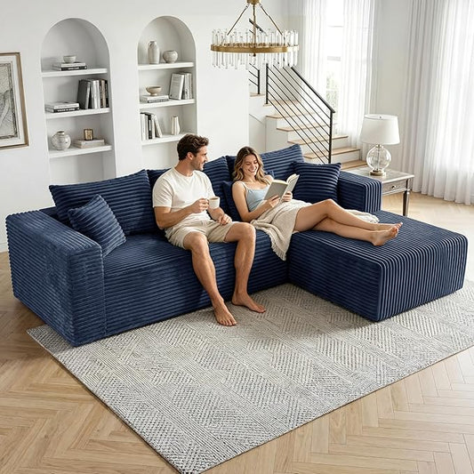 Modular Sectional Sofa, Boneless Compressed Sofa in a Box, L-Shaped Cloud Couch with Deep Seats & Chaise for Living Room, No Assembly Required (Blue, 92.5" L-Shape with Right Facing Chiase) | Boneless Compressed, Sofa in a Box, Cloud Couch, Deep Seats,...