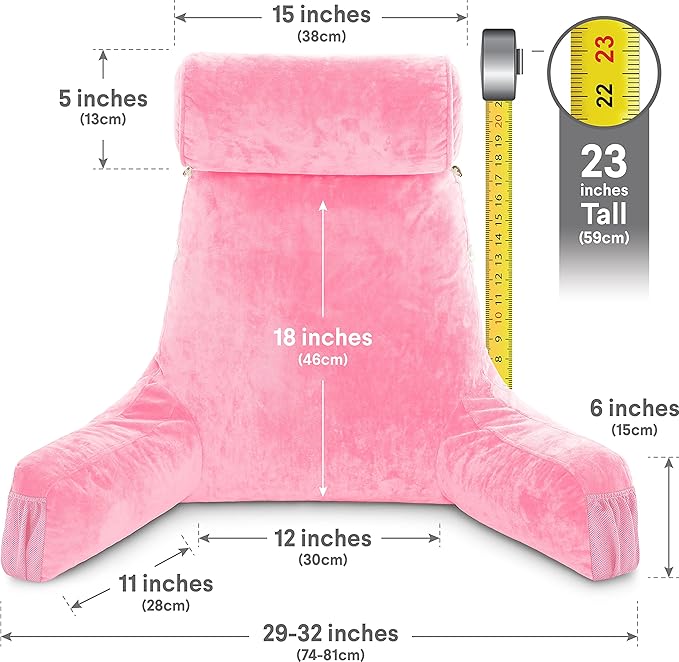 Husband Pillow Medium Reading Pillow with Arms - 23" Backrest for Sitting Up in Bed - Firm Support Bed Rest Pillow for Adults, Neck Roll, Removable Cover - TV, Reading, Lounging - Pink
