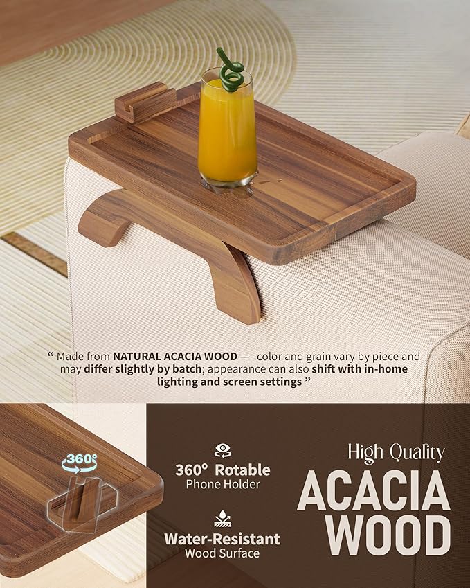 BLUEWEST Sofa Armrest Tray,15.4''x9.8'' Acacia Wood Couch Arm Clip on Tray Table with 360° Rotating Phone Holder –Fits Most Couch Arm Sizes–Non-Slip, Arm Table for TV Dinners, Remote, Drinks & Snacks