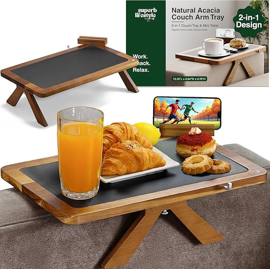 Acacia Couch Arm Tray Table – 2 in 1 Adjustable Couch Arm Table Fits Most Sofa Arms with 360° Rotating Phone Holder, Wire Holder & Non-Slip Mat – Elegant Sofa Tray for Snacks & Coffee
