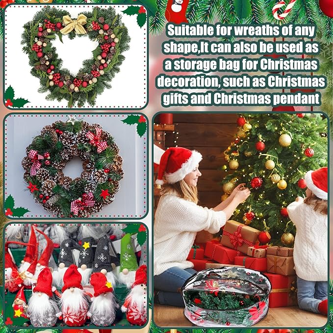Shappy 4 Pieces Christmas Wreath Storage Container 30 Inch Wreath Plastic Storage Bags with Dual Zippers and Handles for Xmas Thanksgiving Holiday Artificial (Clear,Black)
