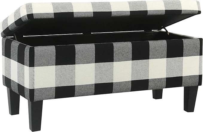 HomePop Large Upholstered Rectangular Storage Ottoman Bench with Hinged Lid, Black Buffalo Plaid