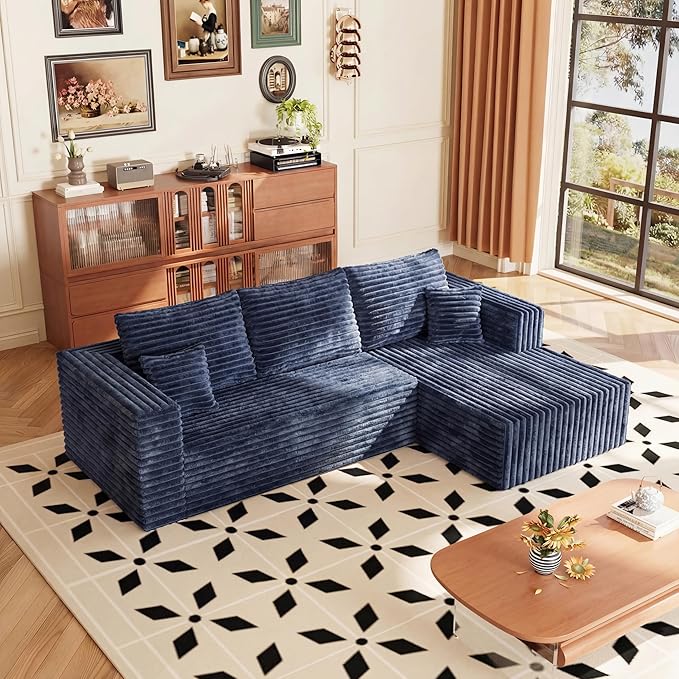 Modular Sectional Sofa, Boneless Compressed Sofa in a Box, L-Shaped Cloud Couch with Deep Seats & Chaise for Living Room, No Assembly Required (Blue, 92.5" L-Shape with Right Facing Chiase) | Boneless Compressed, Sofa in a Box, Cloud Couch, Deep Seats,...