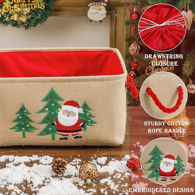 INough Christmas Basket Large Christmas Gift Baskets Empty Fabric Organizer Bin with Handles, Gift Bags Foldable Holiday Toy Gift Holder for Fireplace, Kids Room, Home Decor