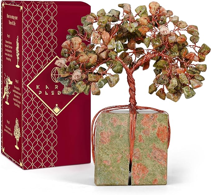 Chakra Tree of Life for Unique Gifts for Mom, Dad, Home and Office Decor, Handmade Unakite Healing Crystal Tree for Positivity, Money & Good Luck, Birthday Gifts for Women, Mens
