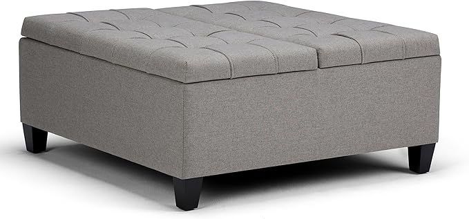 SIMPLIHOME Harrison Coffee Table Storage Ottoman - 36 inch Wide Upholstered Linen Look Fabric Square Lift-Top Ottoman in Dove Grey, Transitional Ottoman for Living Room with Hidden Storage