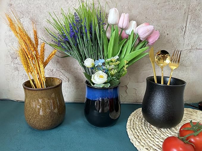 Short Kitchen Utensil Holder for Kitchen Counter, Ceramic Small Utensil Crock & Vase & Holder for Cutlery Spatula Brush Silverware Cooking Utensil Holder (Sapphire)