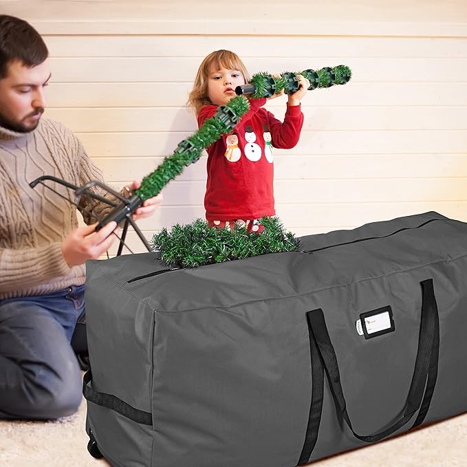 Primode Xmas Rolling Tree Storage Bag, Large Heavy Duty Storage Container, 22" Height X 16" Wide X 50" Long with 2 Wheels and Handles Fits Up to 7.5 Foot Tall Disassembled Holiday Tree (Gray)