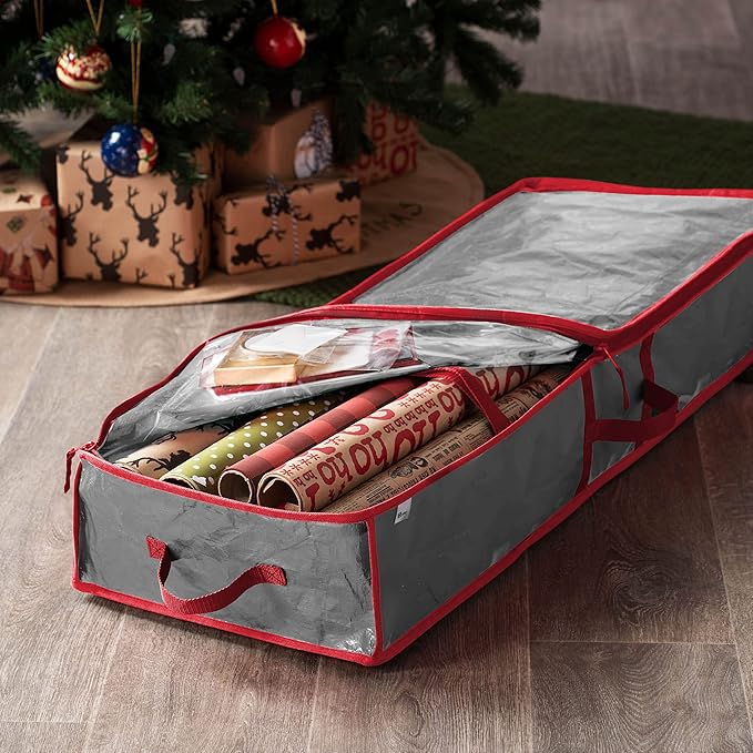 ZOBER Gift Wrapping Paper Organizer Storage - 40" Gift Wrap Storage Containers With Interior Pockets For Bows, Tags & Ribbons - Wrapping Paper Holder, Waterproof, Fits 24 Standard Rolls (Gray)