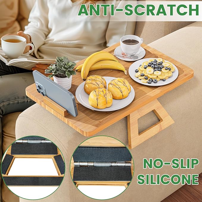 Youpehom Bamboo Sofa Tray,Couch Arm Table, Clip-On Armrest Tray Table for Wide Couch Foldable Tray with 360° Phone Holder Couch Arm Tray for Eating/Drinks/Snacks/Remote